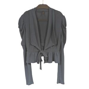 Double Zero Green Ribbed Tie Front Cardigan Sweater Puff Sleeve Size L